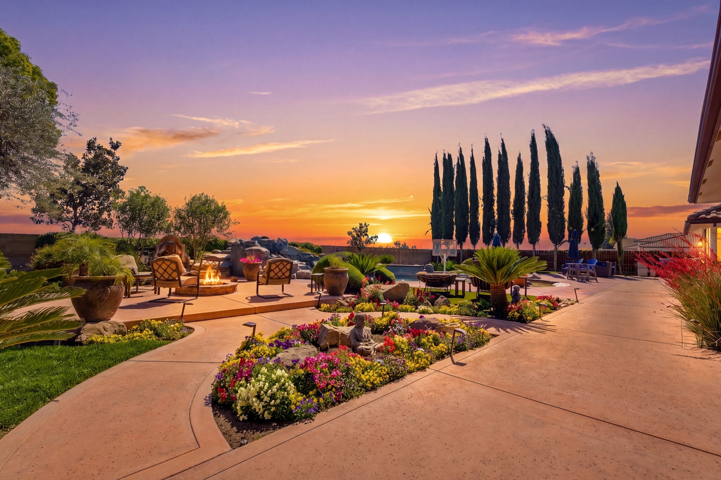 Landscaped backyard at sunset with cypress and firepit — Visalia real estate photography, California
