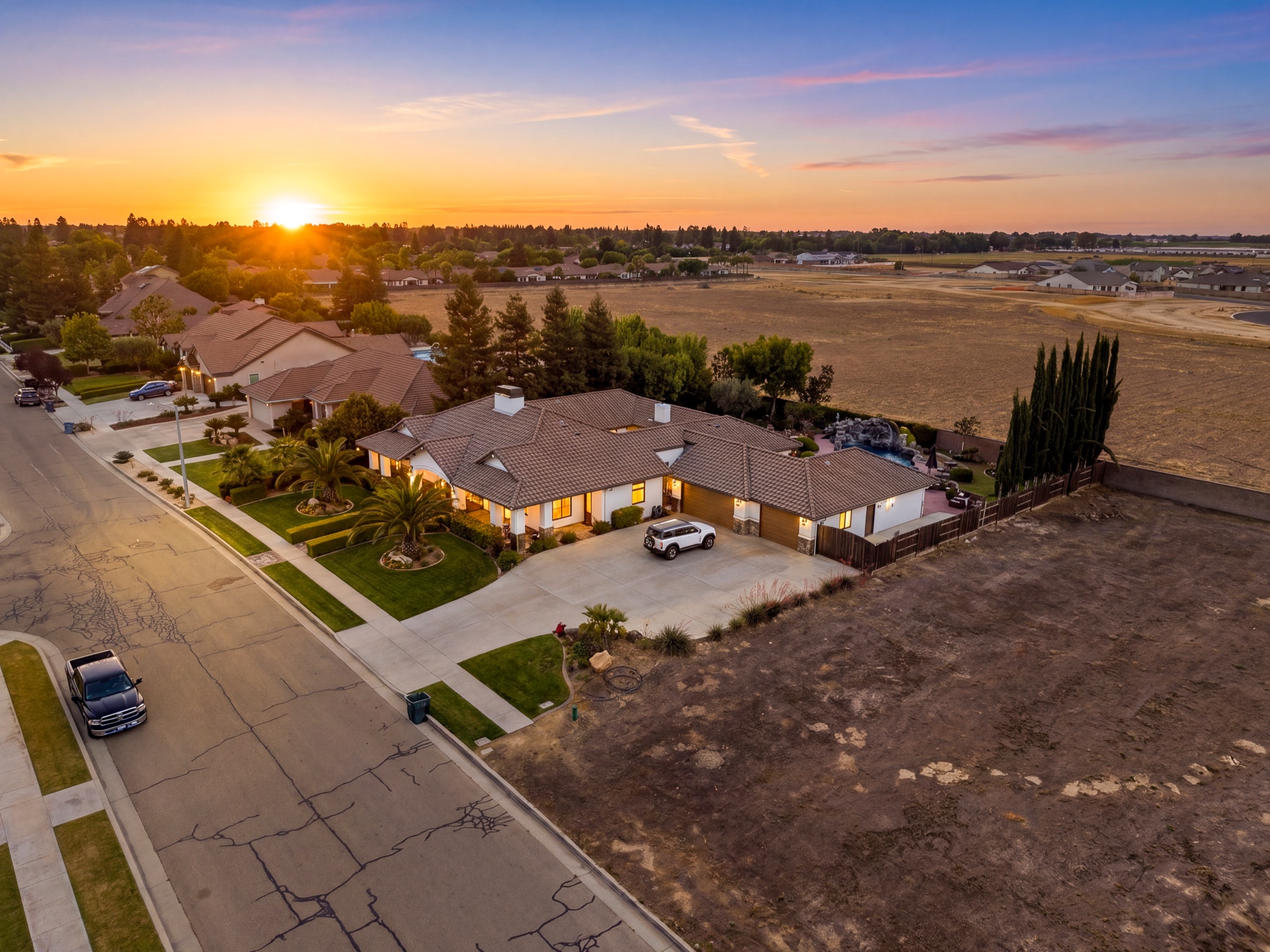 Aerial drone real estate photography at sunset in Visalia, California