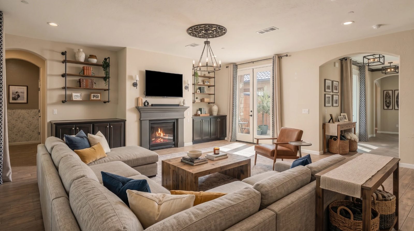 Virtually staged living room with sectional and fireplace — 4842 W Payson Ave, Visalia, California
