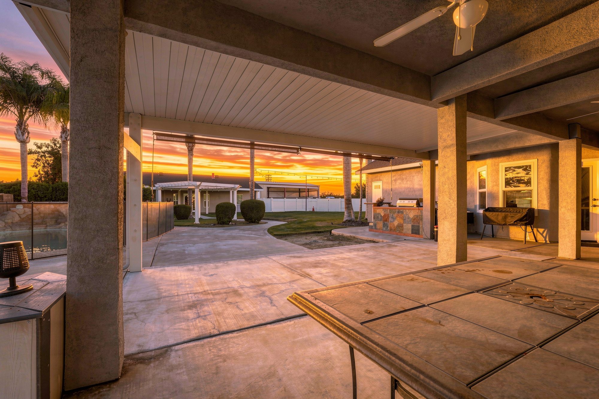 Covered patio at golden-hour sunset — Selma real estate photography, California